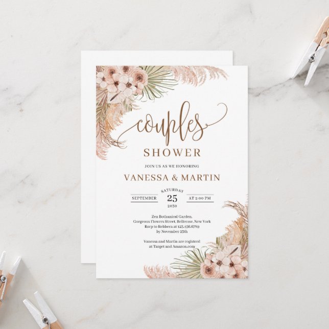 Boho Dried Palm Leaves Pampas Grass Couples Shower Invitation (Front/Back In Situ)