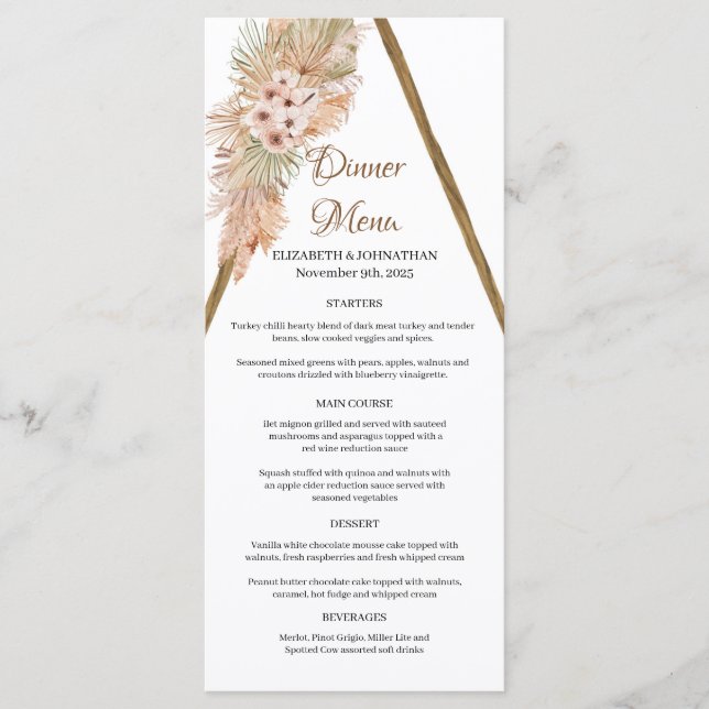 Boho Dried Palm Leaves Pampas Grass Wooden Arch  Menu (Front)