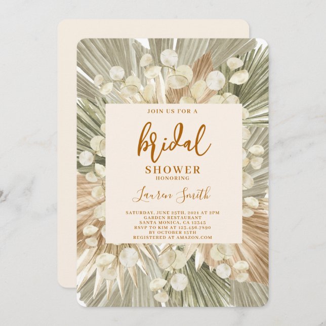 Boho dried palms lunaria Bridal Shower Invitation (Front/Back)
