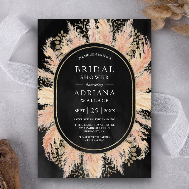 Boho Dried Pampas Grass Oval Black Bridal Shower Invitation (Creator Uploaded)