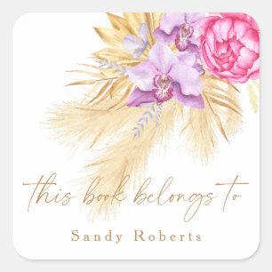 Boho dried pampas grass - this book belongs to square sticker