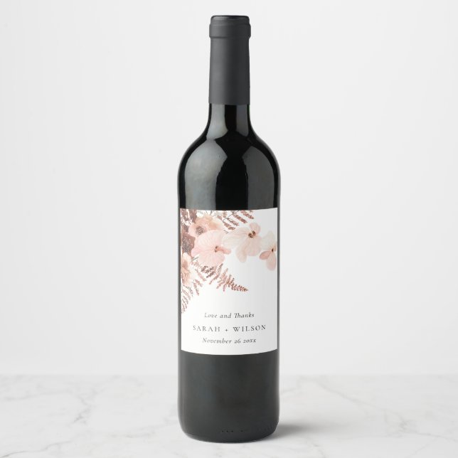 Boho Dried Rust Blush Fern Orchid Wedding Thanks Wine Label (Front)