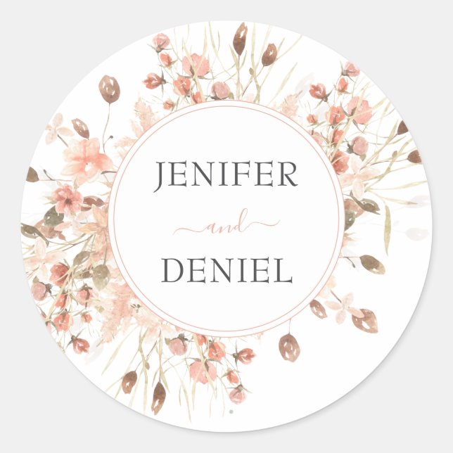 Boho Dried Watercolor Floral Wedding Classic Round Sticker (Front)