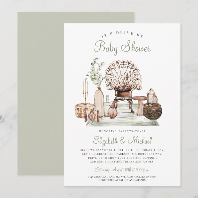 Boho Drive By Green Eucalyptus Baby Shower Invitat Invitation (Front/Back)