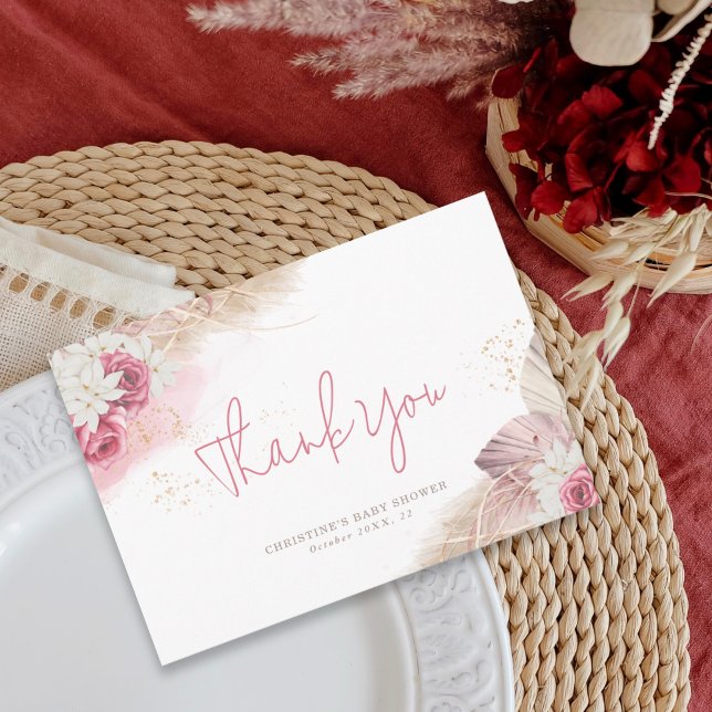 Boho Dry Botanical Roses Flat Thank You Card (Creator Uploaded)
