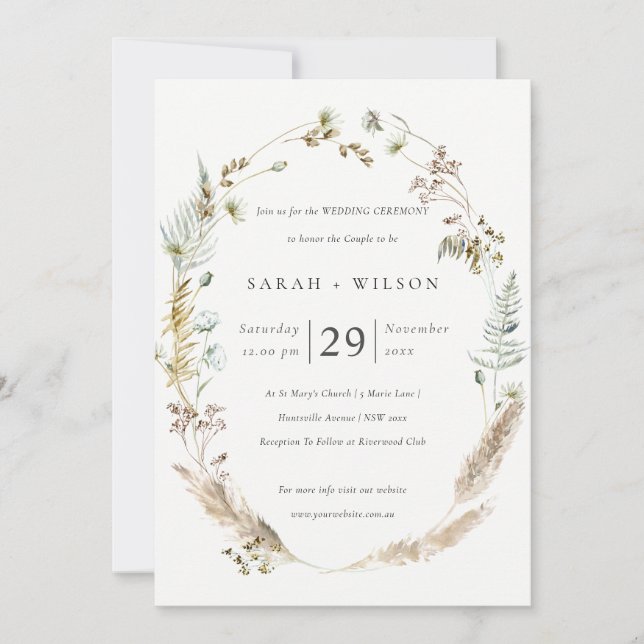 Boho Dry Palm Pampas Grass Floral Wedding Invite (Front)
