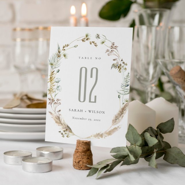 Boho Dry Palm Pampas Grass Wild Floral Wedding Table Number (Creator Uploaded)