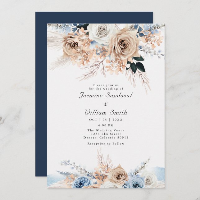 Boho Dusty Blue and Beige Floral Wedding Invitation (Front/Back)