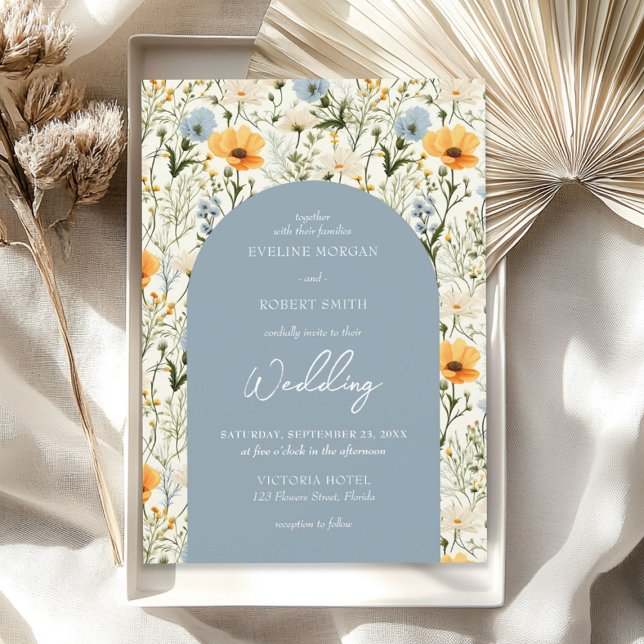 Boho dusty blue and yellow wild flowers arch invitation (Boho dusty blue and yellow wild flowers arch invitation)