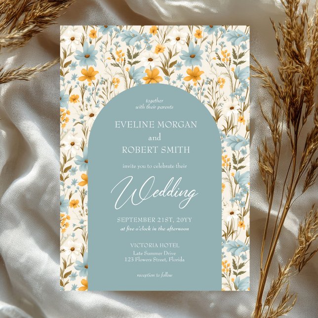 Boho dusty blue and yellow wild flowers arch invitation (boho watercolor dusty blue and yellow wild flowers wedding invitation)