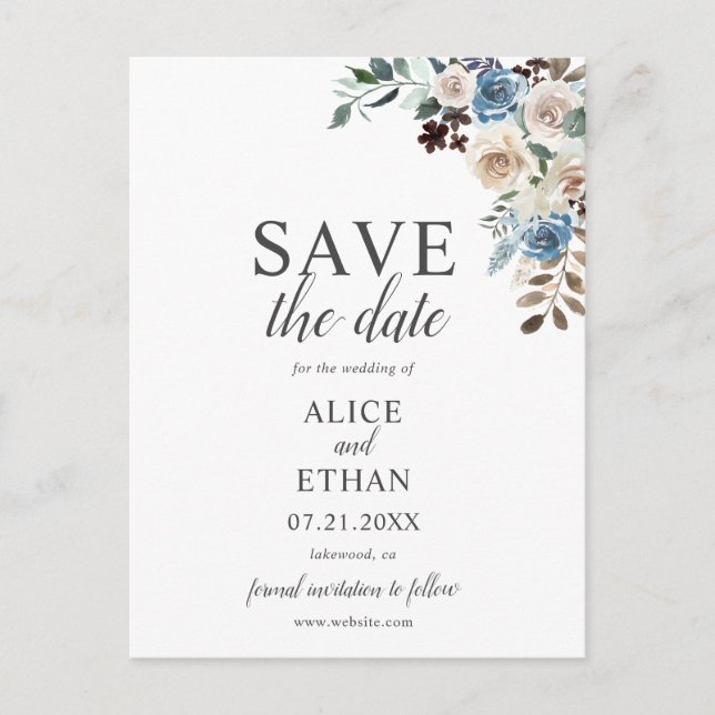 Boho Dusty Blue Beige Flower Wedding Save The Date Announcement Postcard (Front)