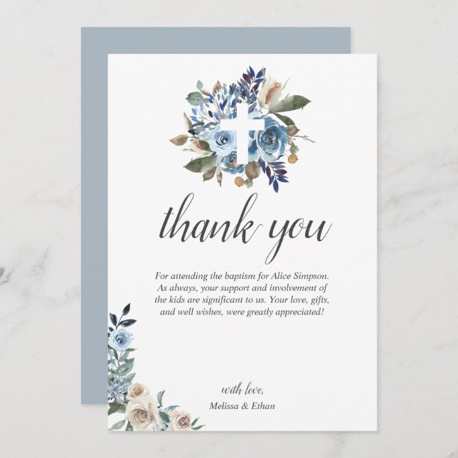 Boho Dusty Blue Beige Flowers Baptism Thank You Card (Front/Back)