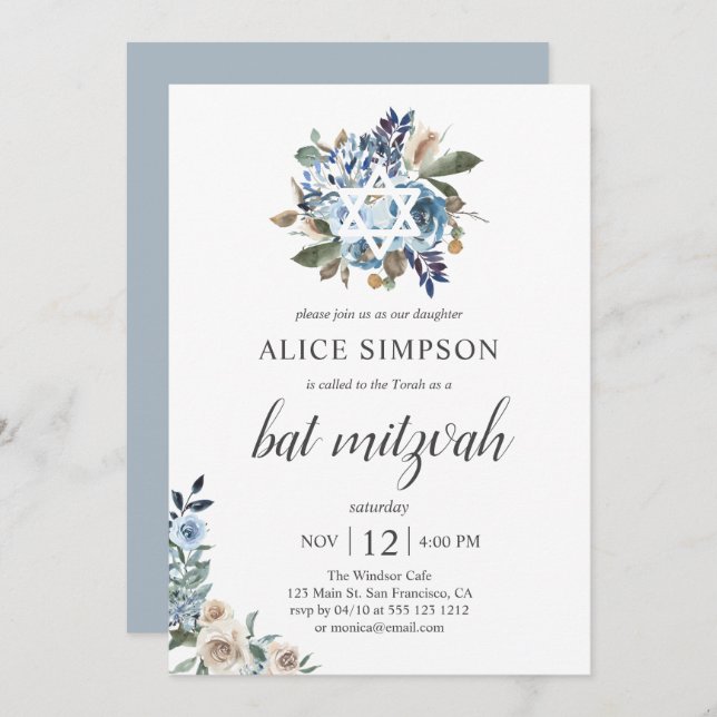 Boho Dusty Blue Beige Flowers Bat Mitzvah Invitation (Front/Back)