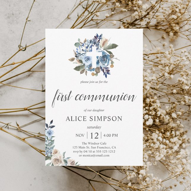 Boho Dusty Blue Beige Flowers First Communion Invitation (Creator Uploaded)