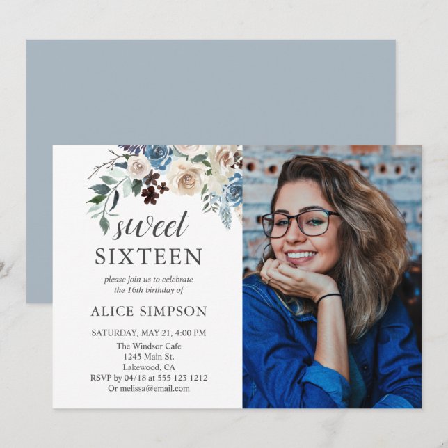 Boho Dusty Blue Beige Flowers Photo Sweet 16 Invitation (Front/Back)