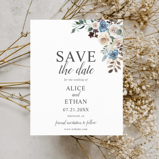 Boho Dusty Blue Beige Flowers Save The Date (Creator Uploaded)