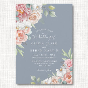 Boho Dusty Blue Blush Pink Floral Rustic Wedding Invitation