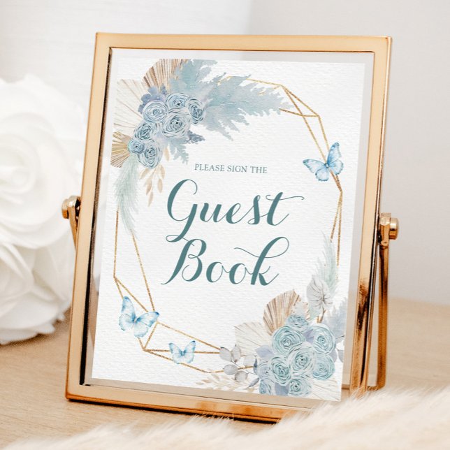 Boho Dusty Blue Butterfly Birthday Guest Book (Creator Uploaded)