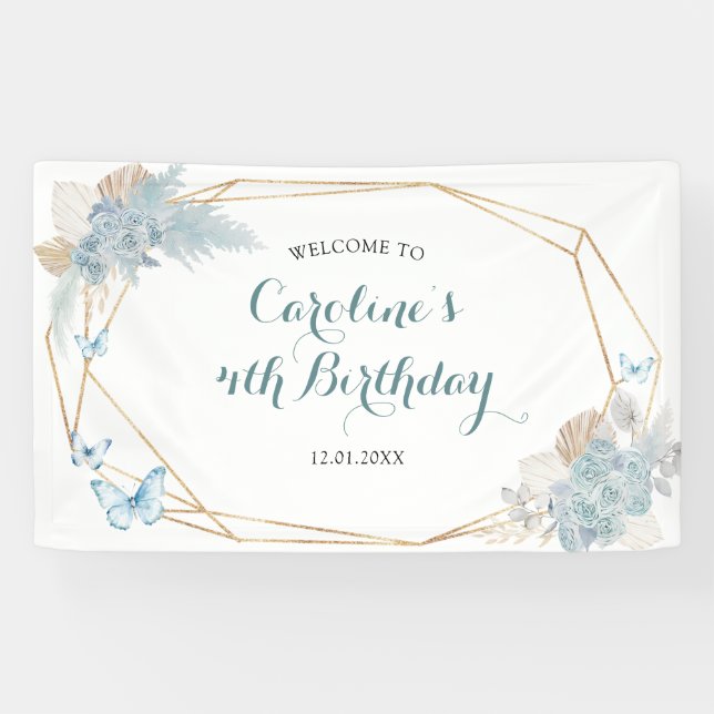 Boho Dusty Blue Butterfly Birthday Large Banner (Horizontal)