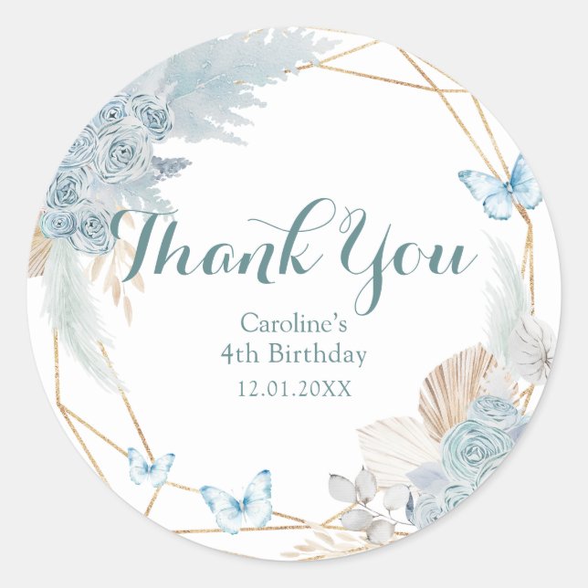 Boho Dusty Blue Butterfly Birthday Thank You Classic Round Sticker (Front)