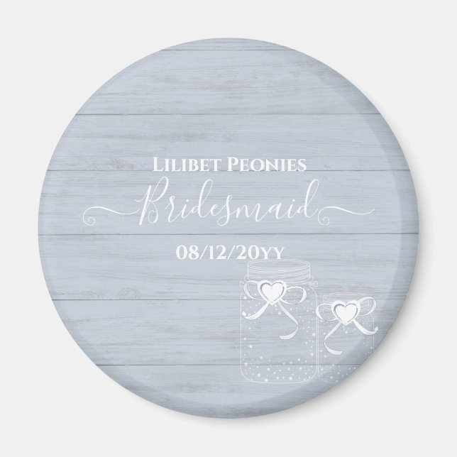 BOHO Dusty Blue Driftwood Mason Jars Wedding Magnet (Front)