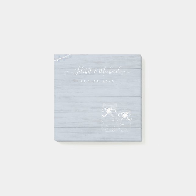 BOHO Dusty Blue Driftwood Mason Jars Wedding Post-it Notes (Front)