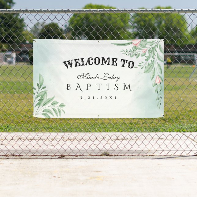 Boho Dusty Blue Eucalyptus Baptism Welcome Banner (Insitu)