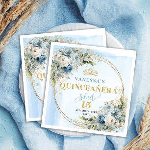 Boho Dusty Blue Eucalyptus Gold Glitter Quinceañer Napkin