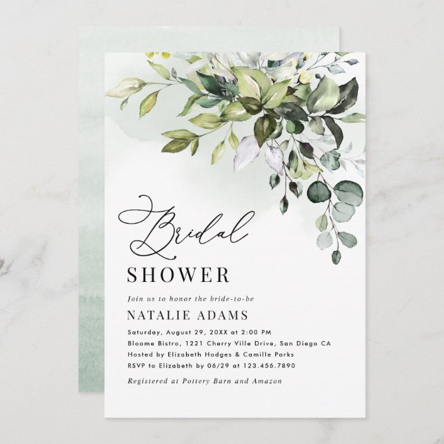 Boho Dusty Blue Eucalyptus Greenery Bridal Shower Invitation (Front/Back)