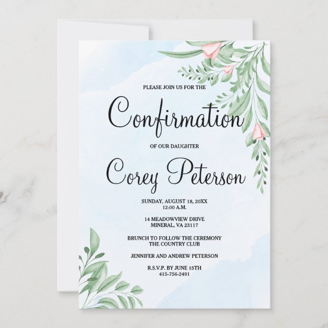 Boho Dusty Blue Eucalyptus Greenery Confirmation Invitation (Front)