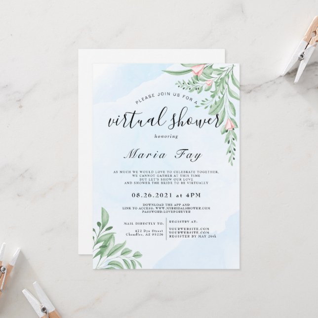 Boho Dusty Blue Eucalyptus Virtual Bridal Shower  Invitation (Front/Back In Situ)