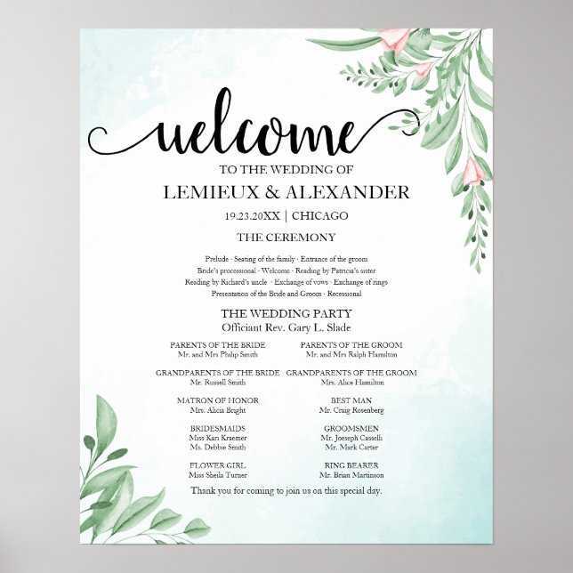Boho Dusty Blue Eucalyptus Wedding Program Poster (Front)
