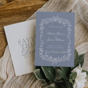Boho Dusty Blue Floral Botanical Wedding Save The  Date