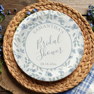 Boho Dusty Blue Floral Bridal Shower Paper Plate