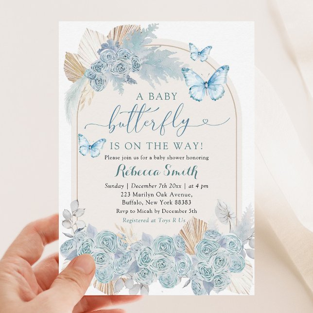 Boho Dusty Blue Floral Butterfly Baby Shower Invitation (Creator Uploaded)