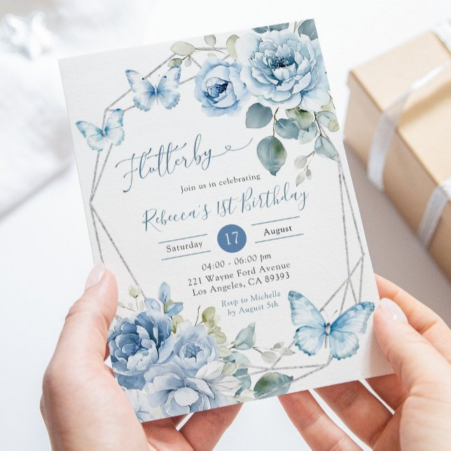 Boho Dusty Blue Floral Butterfly Birthday Invitation (Creator Uploaded)