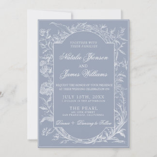 Boho Dusty Blue Floral Classy All In One Wedding Invitation