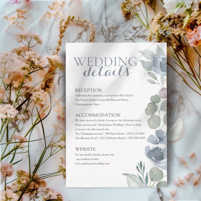 Boho Dusty Blue Floral Details Wedding Enclosure Card (Creator Uploaded)