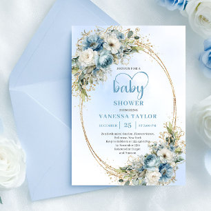 Boho Dusty Blue Floral Eucalyptus Gold Baby Shower Invitation