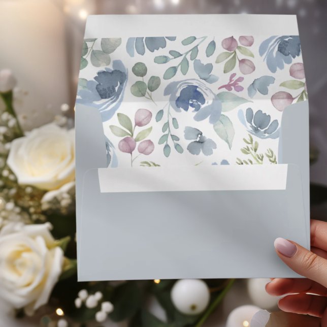 Boho Dusty Blue Floral & Eucalyptus Wedding Envelope (Creator Uploaded)