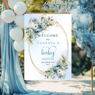 Boho Dusty Blue Floral Gold Baby Shower Welcome  Poster