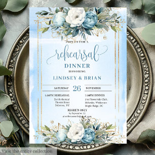 Boho Dusty Blue Floral Gold Glitter Dinner Invites