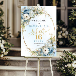 Boho Dusty Blue Floral Gold Sweet 16 Welcome Sign