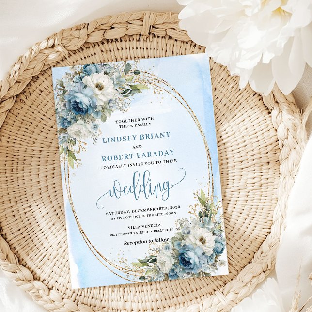 Boho Dusty Blue Floral Gold Wedding Invitation (Boho Dusty Blue Floral Gold Wedding Invite)