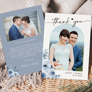 Boho Dusty Blue Floral Modern Arch Wedding Photo Thank You Card