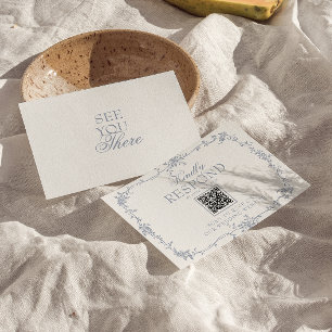Boho Dusty Blue Floral QR Code Botanical Wedding RSVP Card