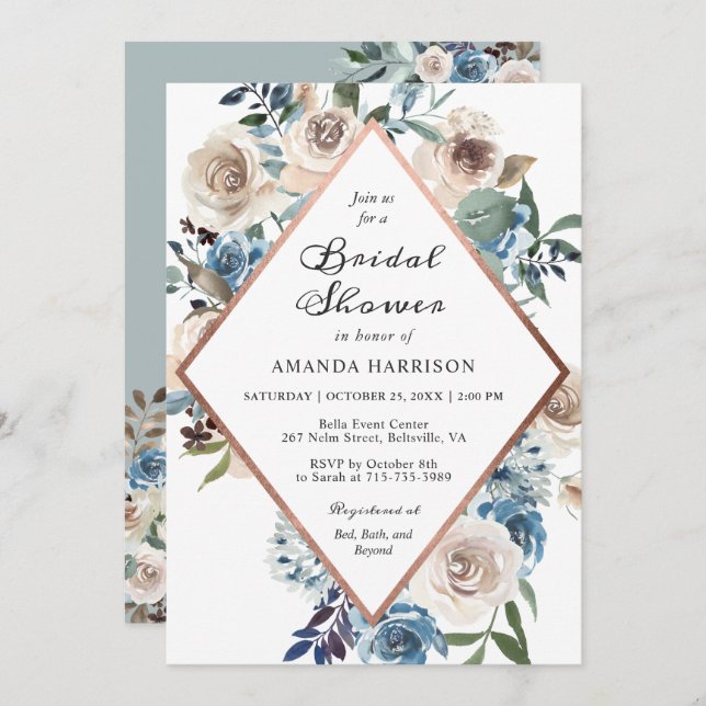 Boho Dusty Blue Floral Rose Gold Bridal Shower Invitation (Front/Back)