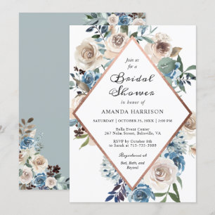 Boho Dusty Blue Floral Rose Gold Bridal Shower Invitation