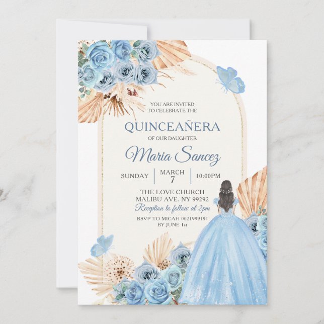 Boho Dusty Blue Floral Spanish Girl XV Años Invita Invitation (Front)