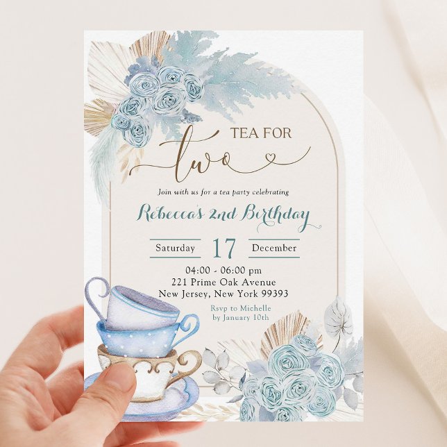Boho Dusty Blue Floral Tea for Two Birthday Invitation (Creator Uploaded)